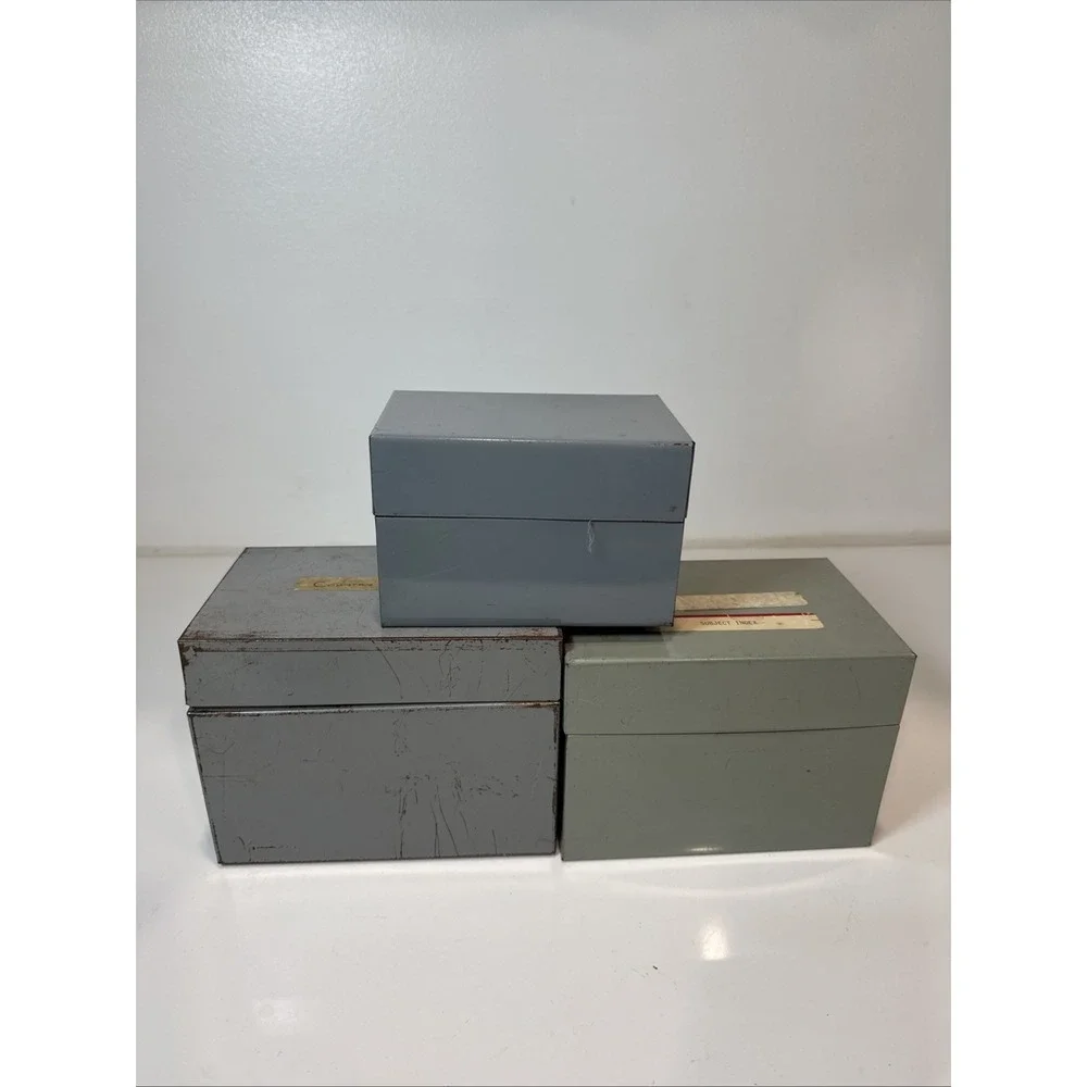 Lot of 3 Vintage Index Card Recipe File Holder Metal Box Gray Hinged Lid Office